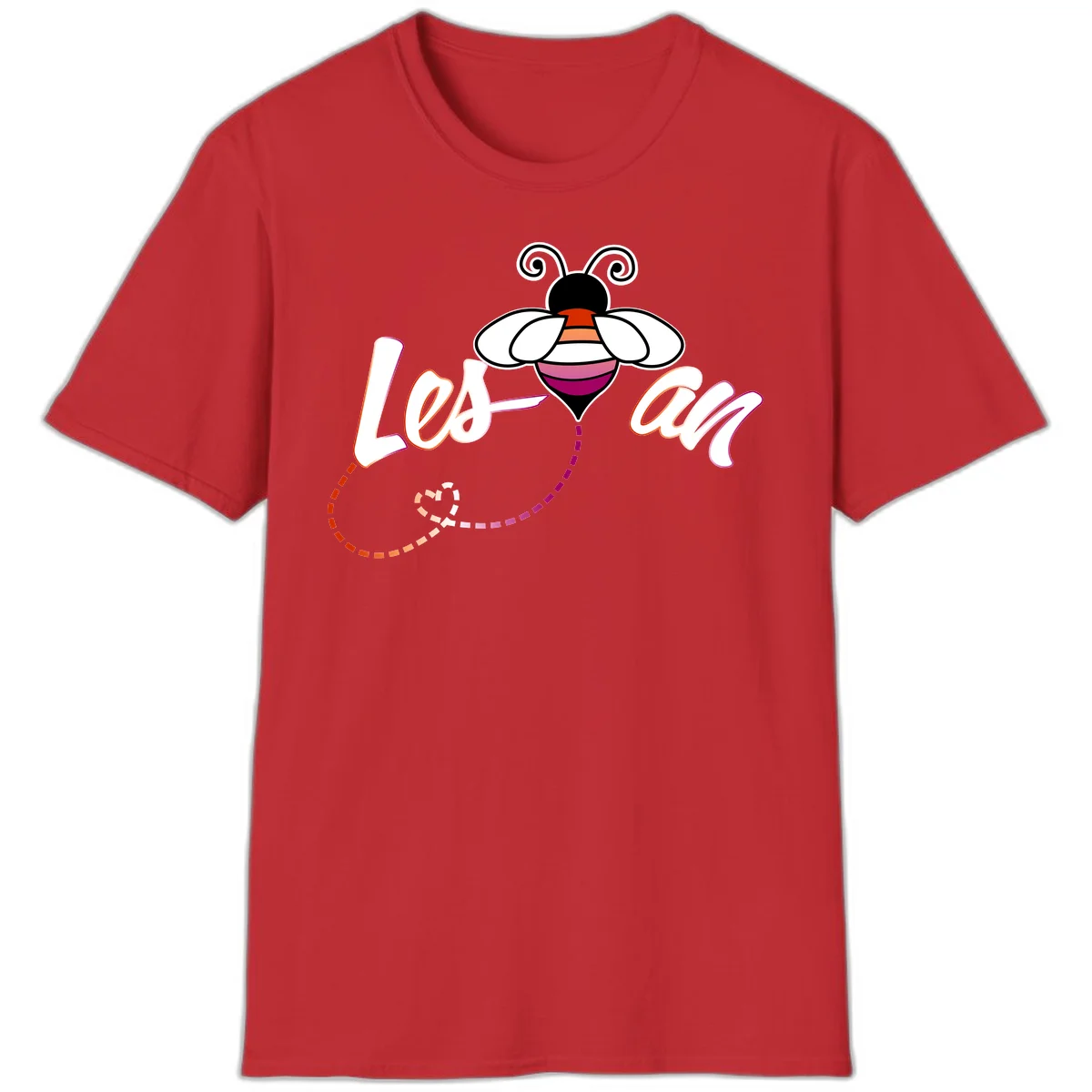 Colorful bee with spiral antennae and rainbow striped body above the word Love in flowing lettering with dashed trail in Red