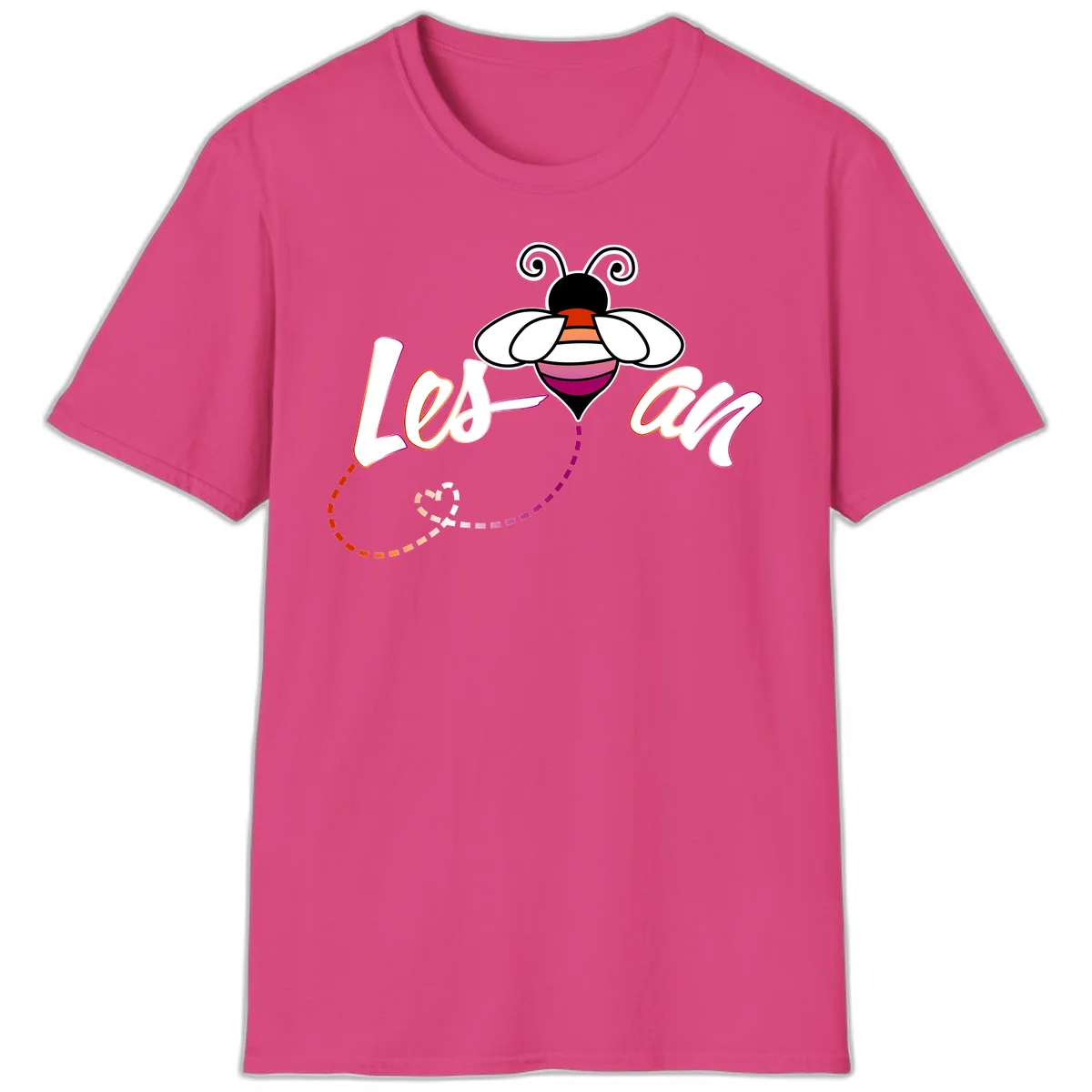 Colorful bee with spiral antennae and rainbow striped body above the word Love in flowing lettering with dashed trail in Heliconia