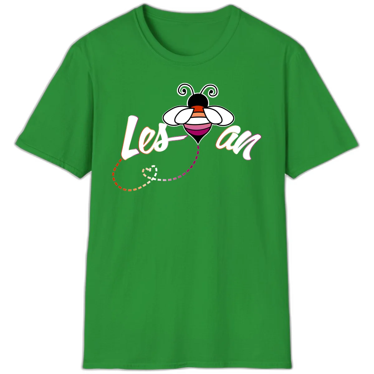 Colorful bee with spiral antennae and rainbow striped body above the word Love in flowing lettering with dashed trail in Irish Green