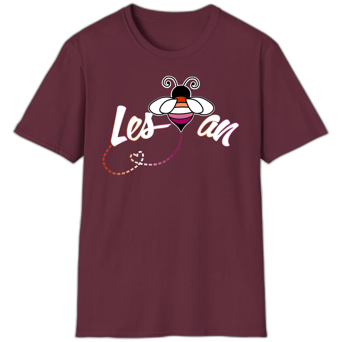 Colorful bee with spiral antennae and rainbow striped body above the word Love in flowing lettering with dashed trail in Maroon