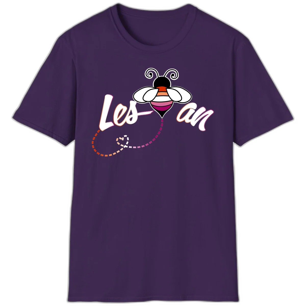 Colorful bee with spiral antennae and rainbow striped body above the word Love in flowing lettering with dashed trail in Purple