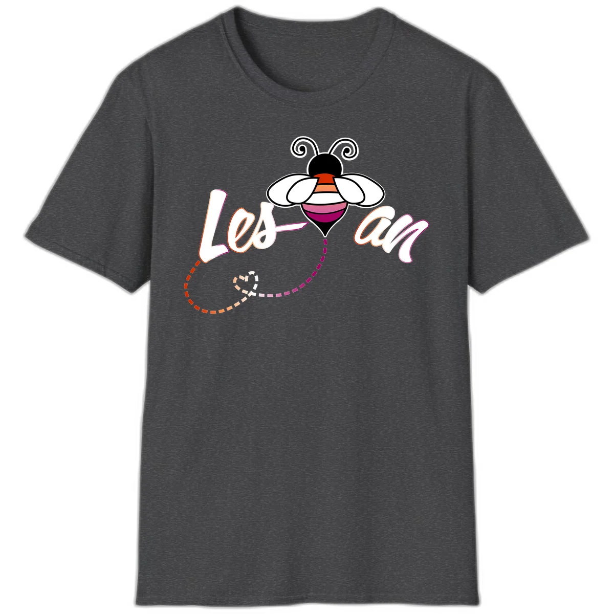 Colorful bee with spiral antennae and rainbow striped body above the word Love in flowing lettering with dashed trail in Dark Heather