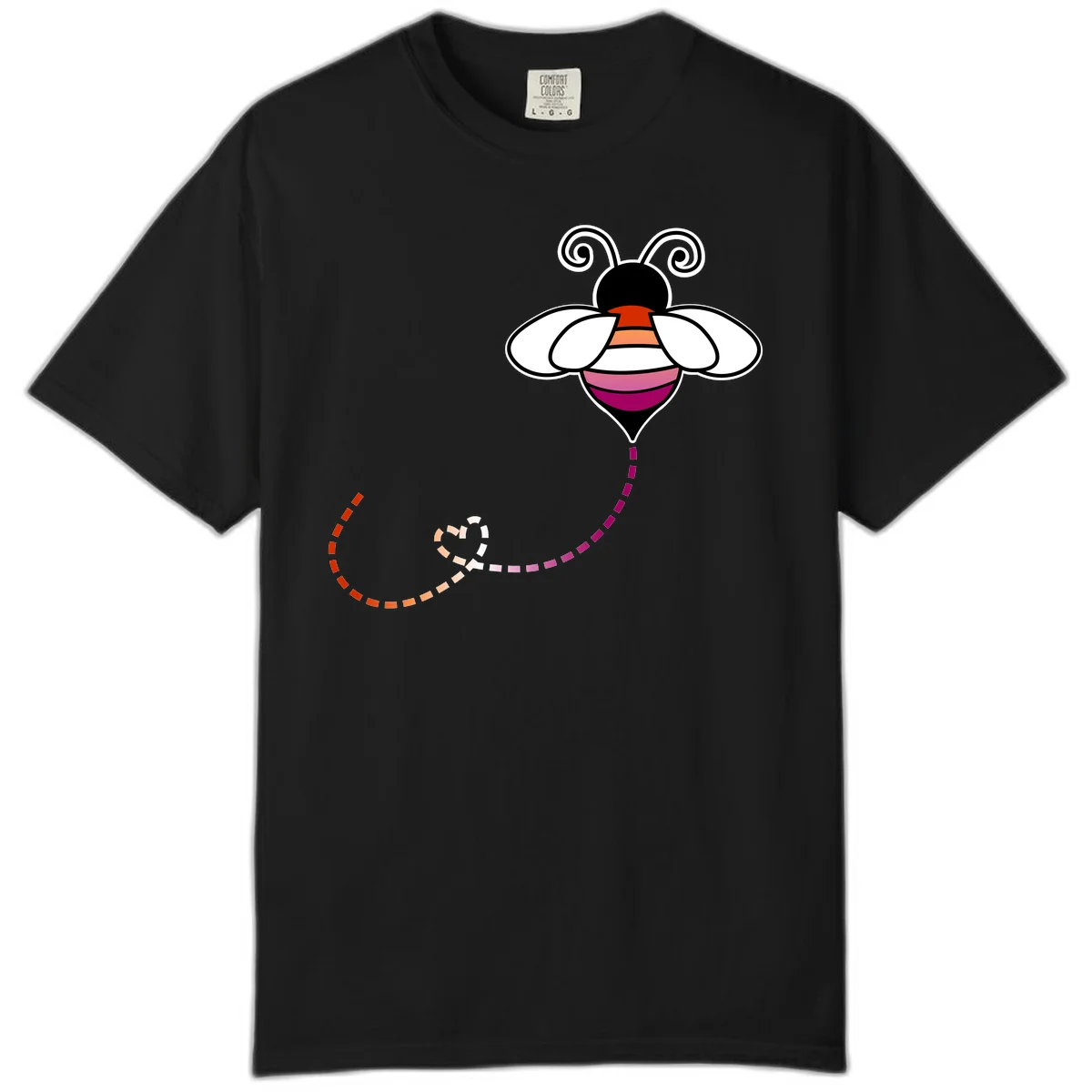 Illustrated rainbow pride bee with spiral antennae, white wings, and colorful striped body with dotted flight path in Black