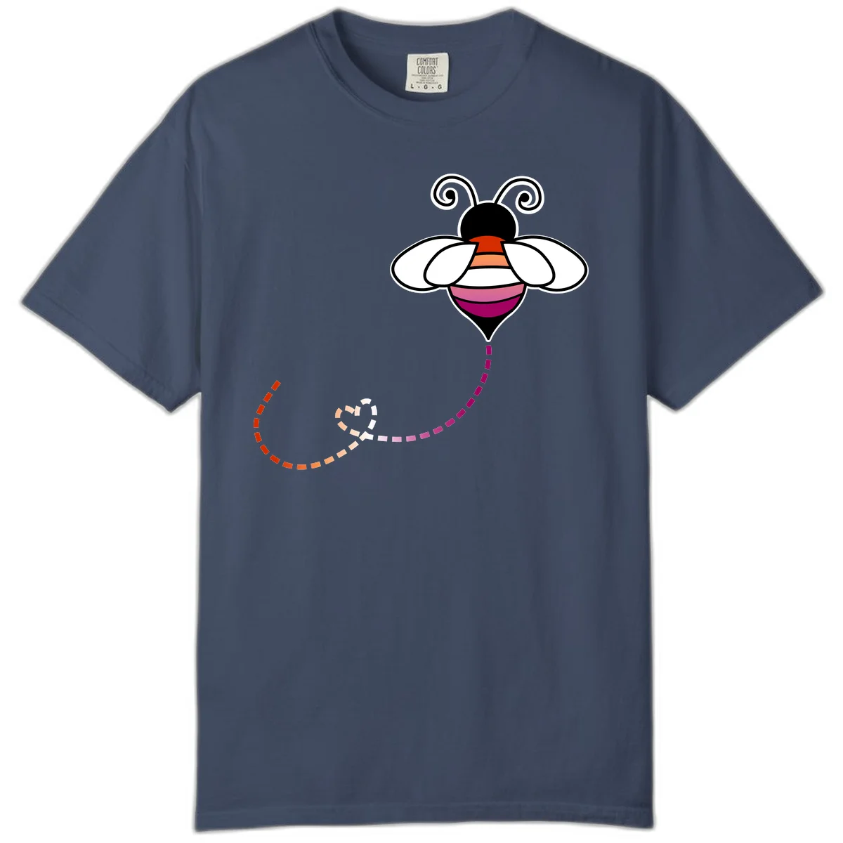 Illustrated rainbow pride bee with spiral antennae, white wings, and colorful striped body with dotted flight path in Midnight