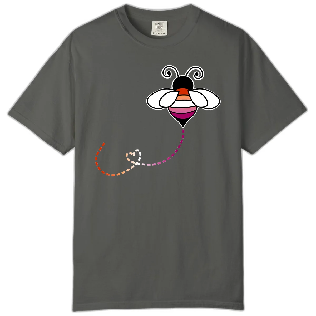 Illustrated rainbow pride bee with spiral antennae, white wings, and colorful striped body with dotted flight path in Pepper