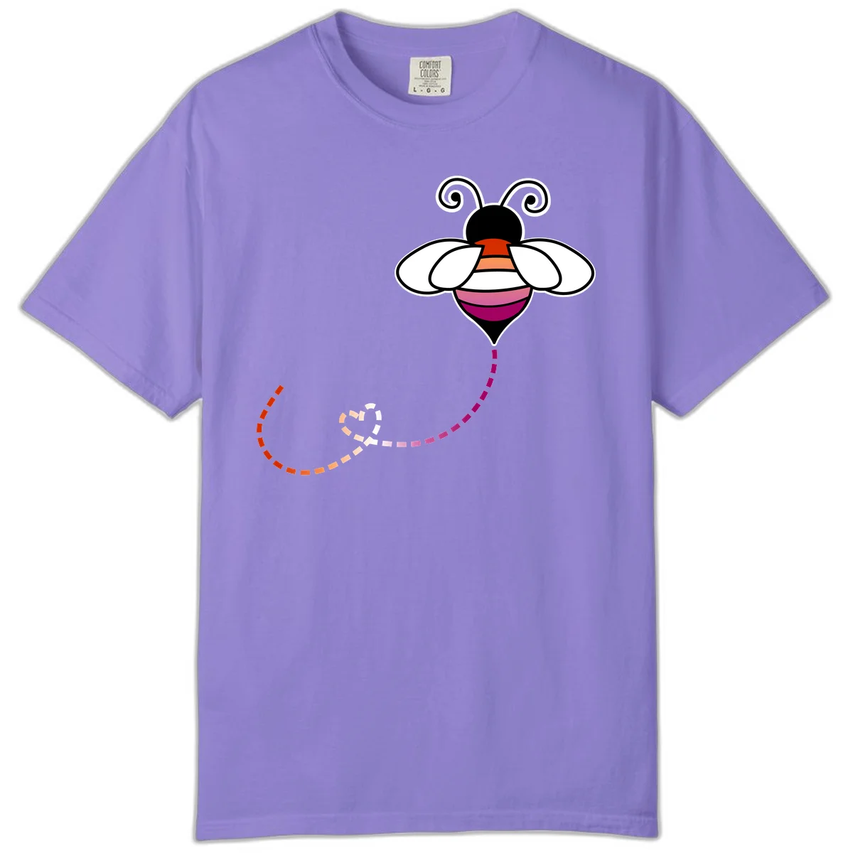 Illustrated rainbow pride bee with spiral antennae, white wings, and colorful striped body with dotted flight path in Violet