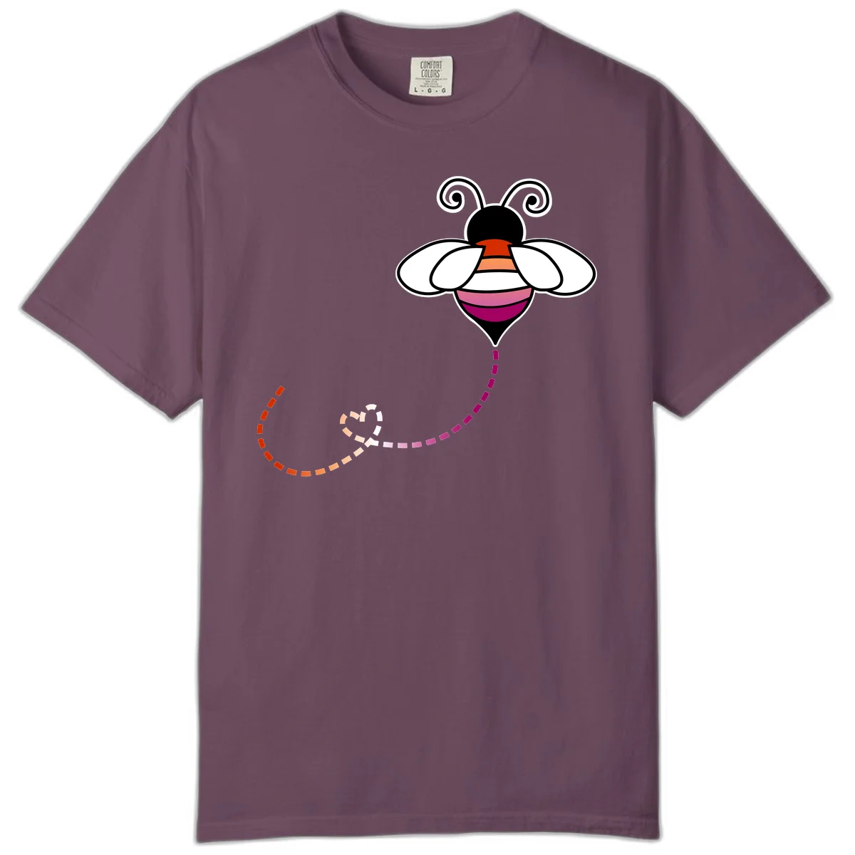 Illustrated rainbow pride bee with spiral antennae, white wings, and colorful striped body with dotted flight path in Berry