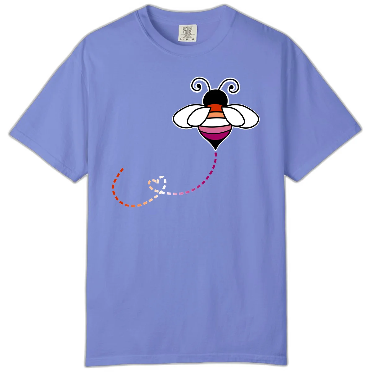 Illustrated rainbow pride bee with spiral antennae, white wings, and colorful striped body with dotted flight path in Flo Blue