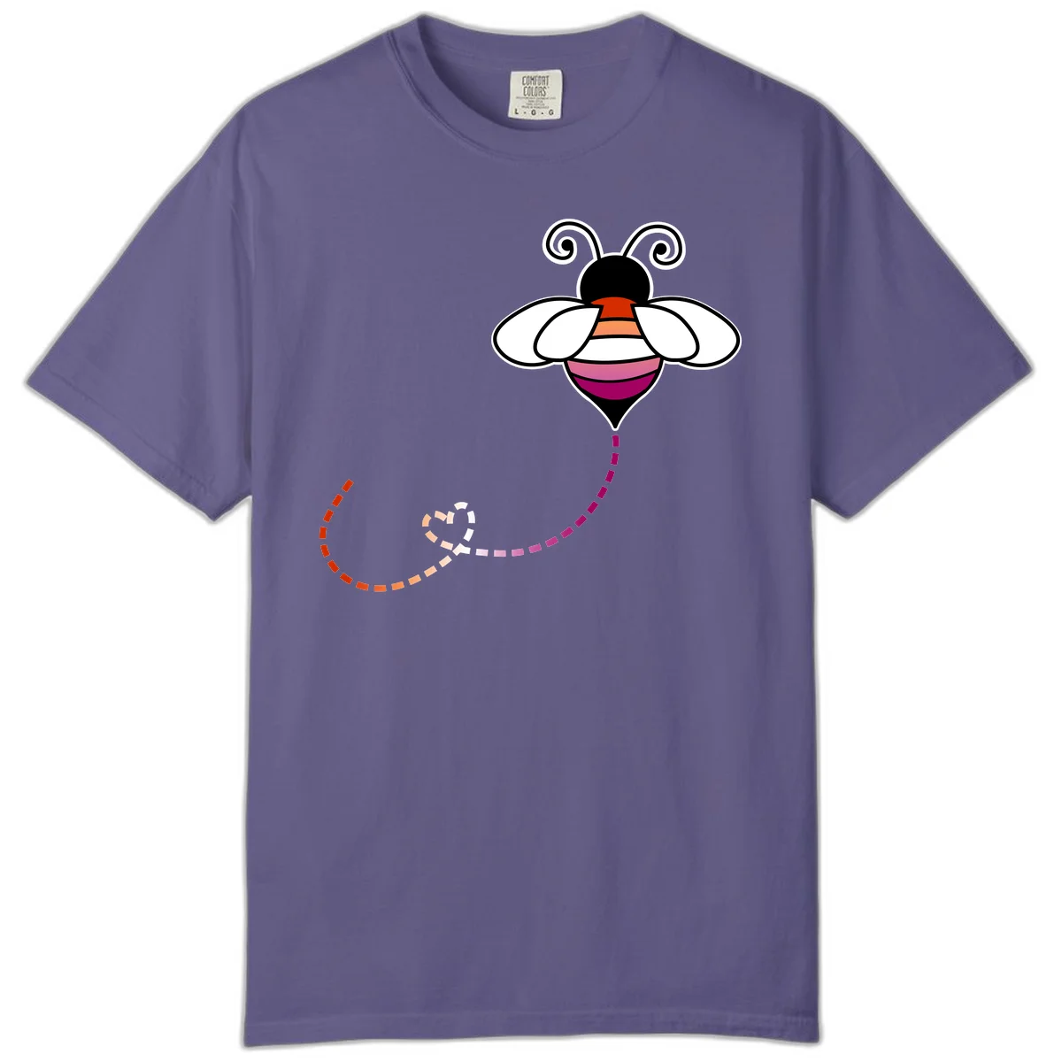 Illustrated rainbow pride bee with spiral antennae, white wings, and colorful striped body with dotted flight path in Grape