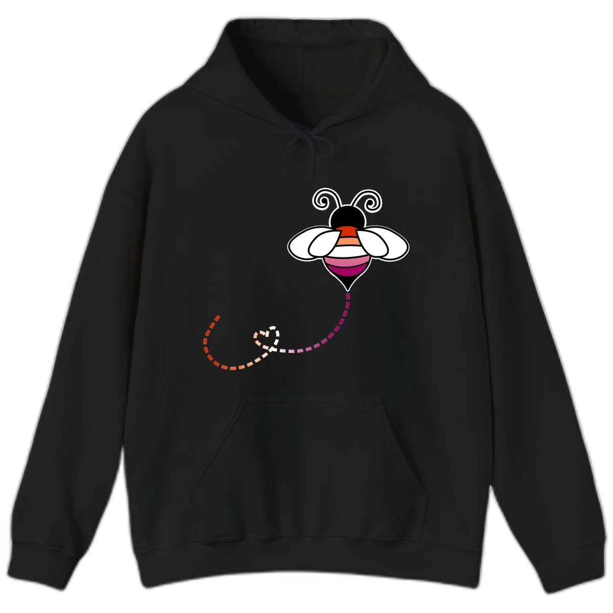 Illustrated rainbow pride bee with spiral antennae, white wings, and colorful striped body with dotted flight path in Black