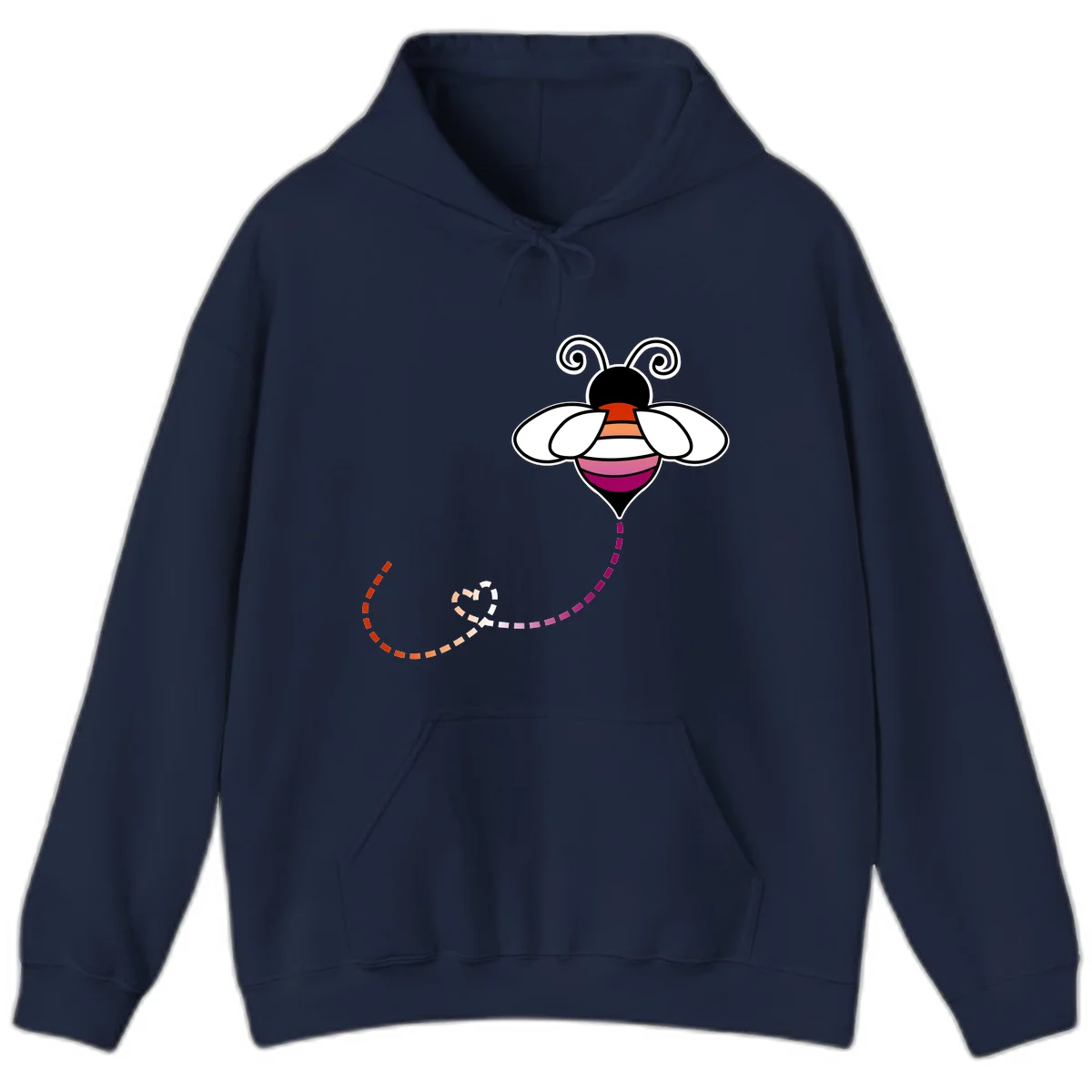 Illustrated rainbow pride bee with spiral antennae, white wings, and colorful striped body with dotted flight path in Navy