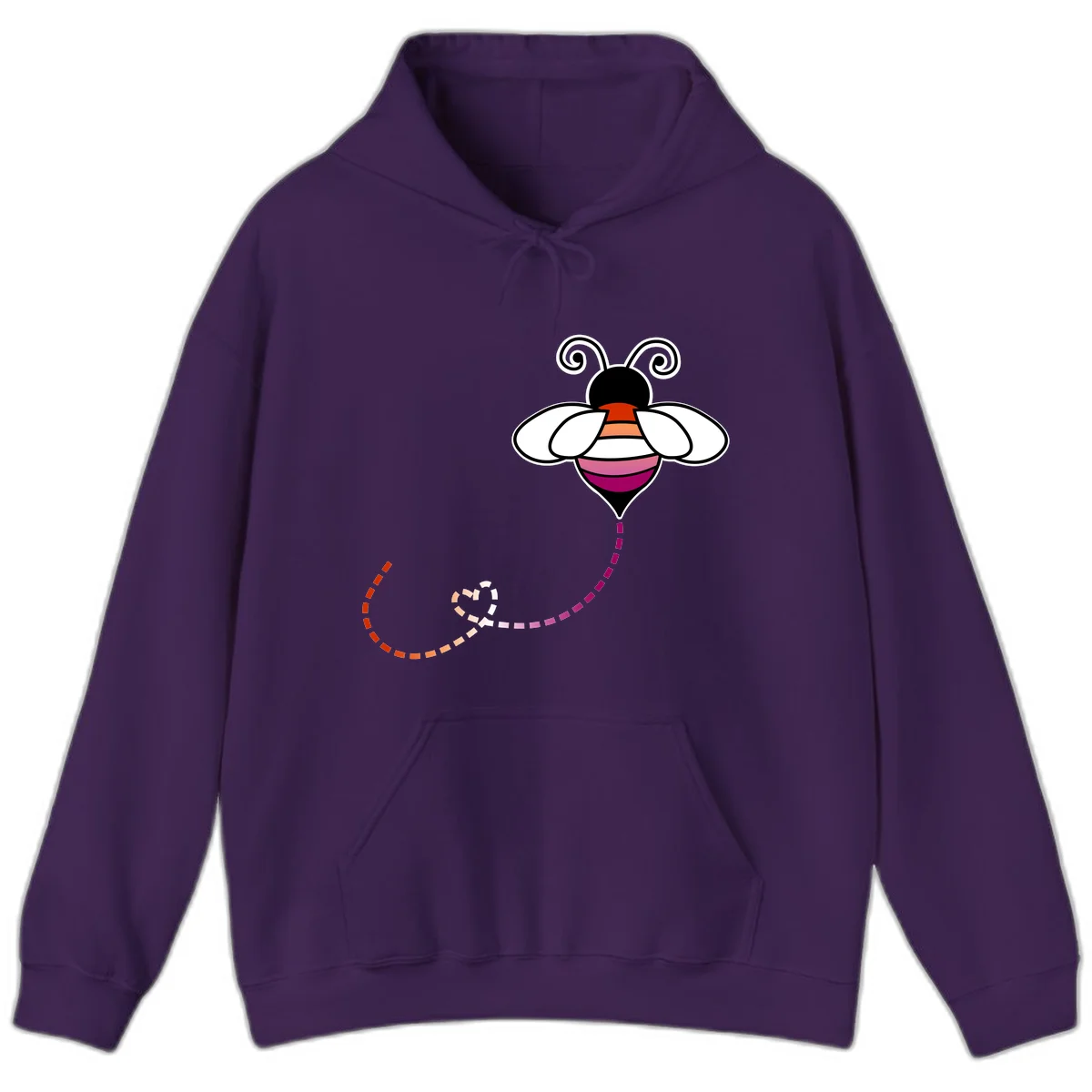 Illustrated rainbow pride bee with spiral antennae, white wings, and colorful striped body with dotted flight path in Purple