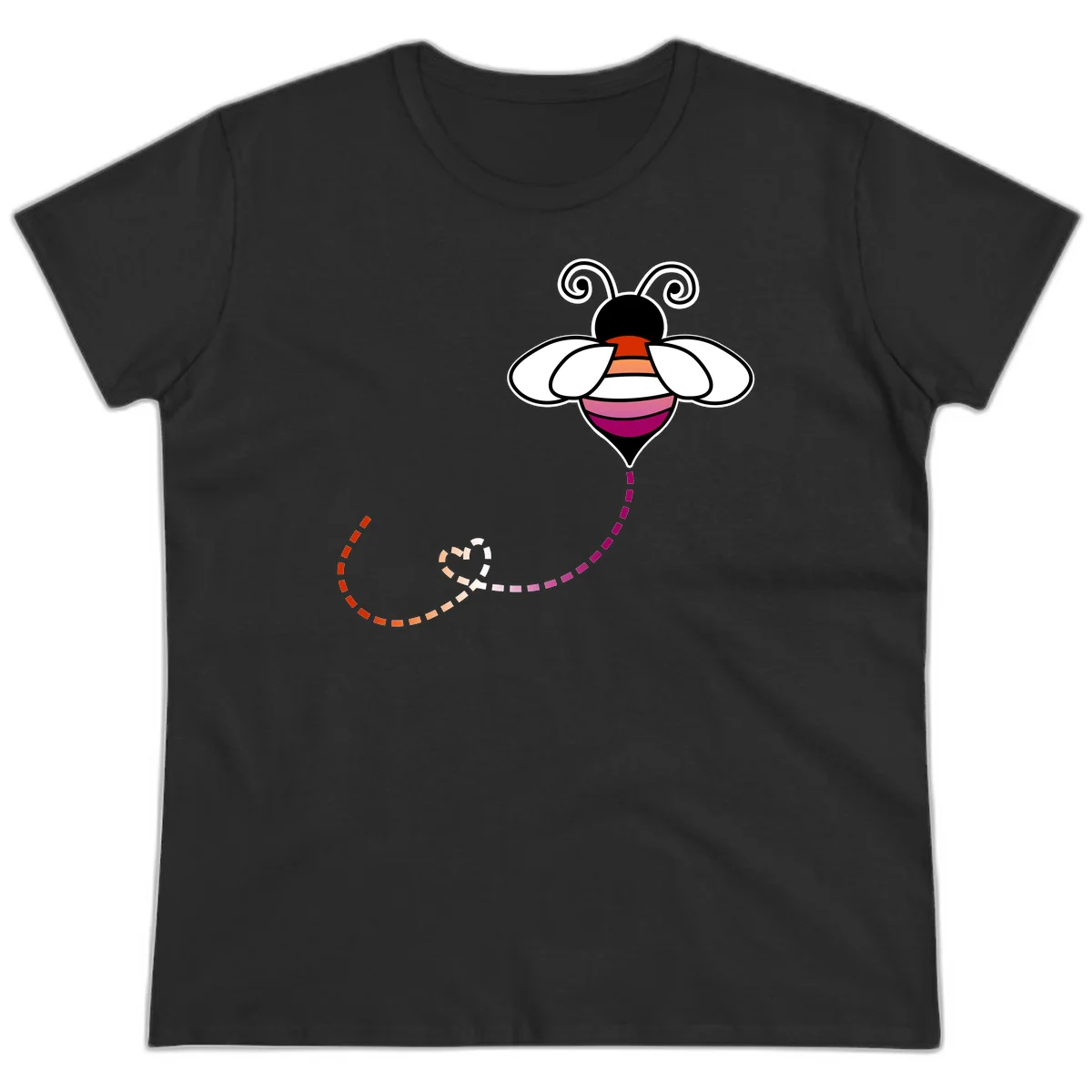 Illustrated rainbow pride bee with spiral antennae, white wings, and colorful striped body with dotted flight path in Black