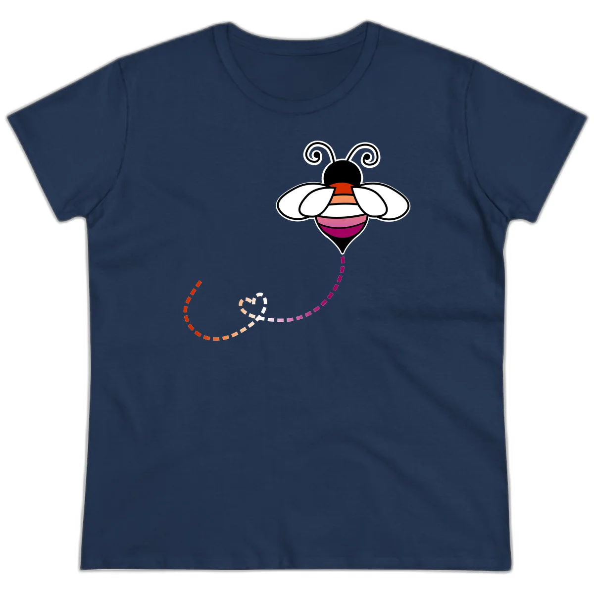 Illustrated rainbow pride bee with spiral antennae, white wings, and colorful striped body with dotted flight path in Navy