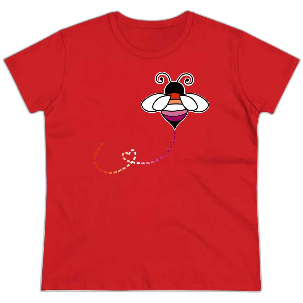 Illustrated rainbow pride bee with spiral antennae, white wings, and colorful striped body with dotted flight path in Red