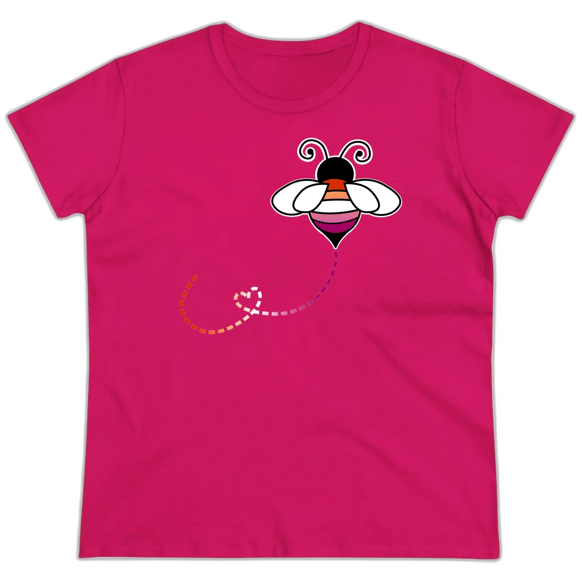 Illustrated rainbow pride bee with spiral antennae, white wings, and colorful striped body with dotted flight path in Heliconia