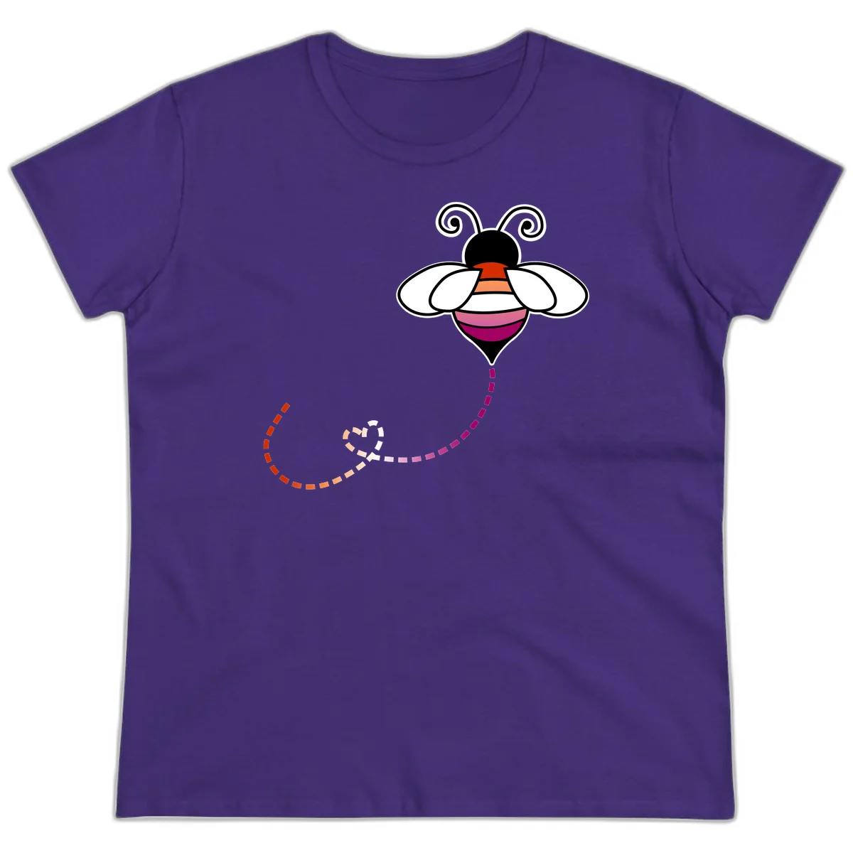 Illustrated rainbow pride bee with spiral antennae, white wings, and colorful striped body with dotted flight path in Purple