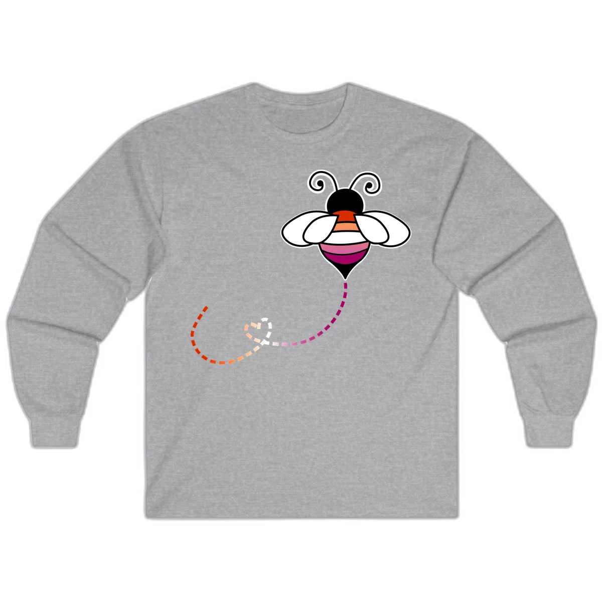 Illustrated rainbow pride bee with spiral antennae, white wings, and colorful striped body with dotted flight path in Sport Grey