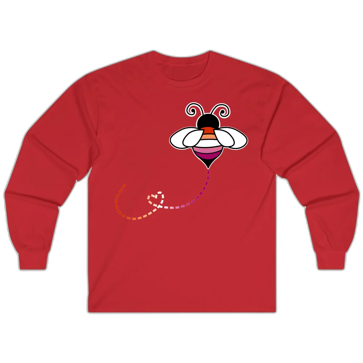 Illustrated rainbow pride bee with spiral antennae, white wings, and colorful striped body with dotted flight path in Red