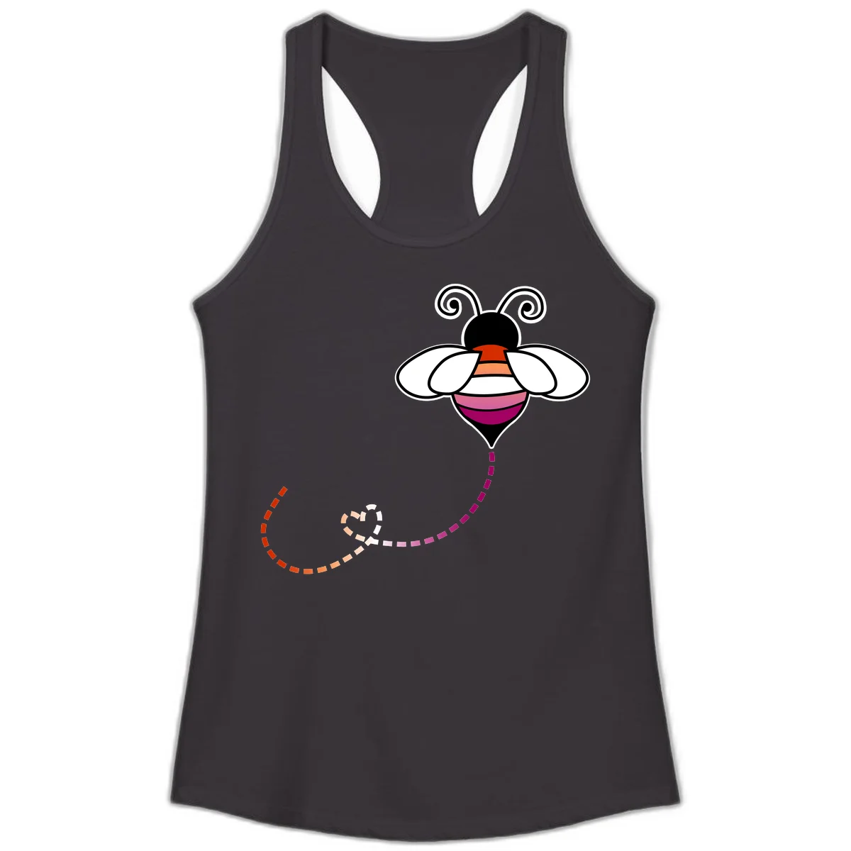 Illustrated rainbow pride bee with spiral antennae, white wings, and colorful striped body with dotted flight path in Black