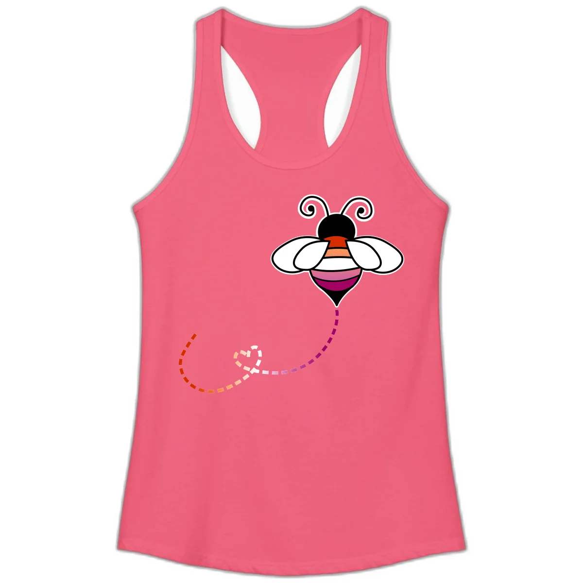 Illustrated rainbow pride bee with spiral antennae, white wings, and colorful striped body with dotted flight path in Hot Pink
