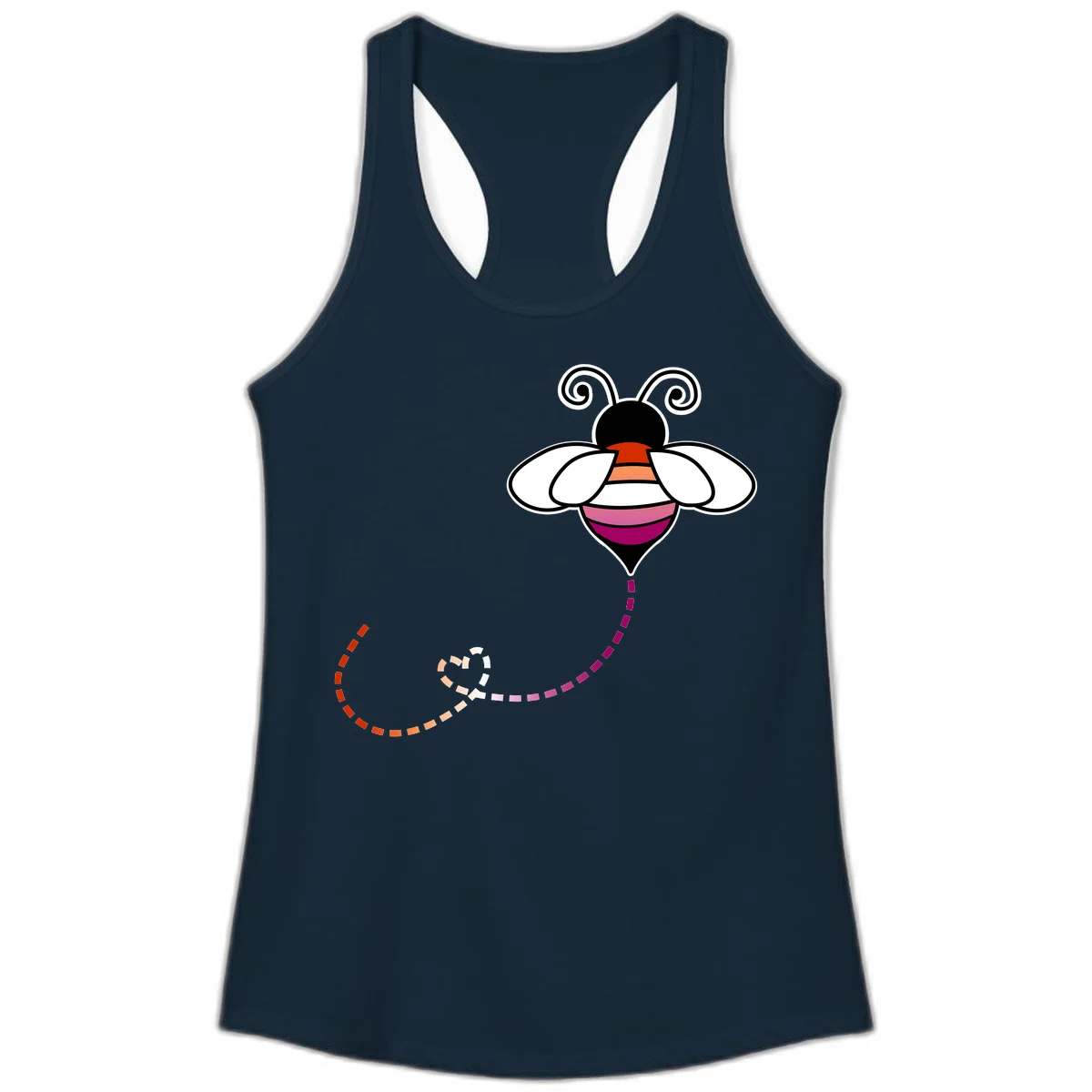 Illustrated rainbow pride bee with spiral antennae, white wings, and colorful striped body with dotted flight path in Solid Midnight Navy