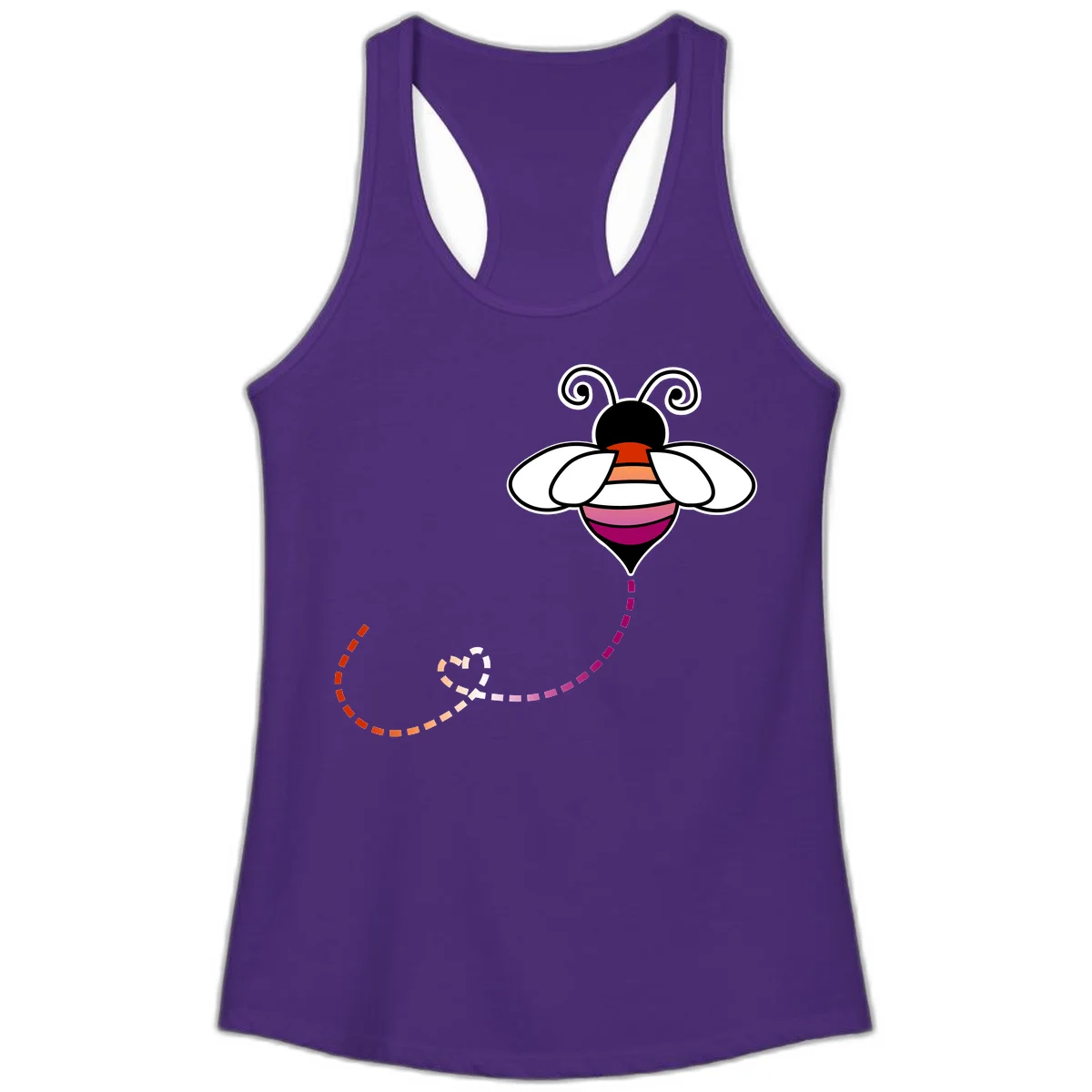 Illustrated rainbow pride bee with spiral antennae, white wings, and colorful striped body with dotted flight path in Solid Purple Rush