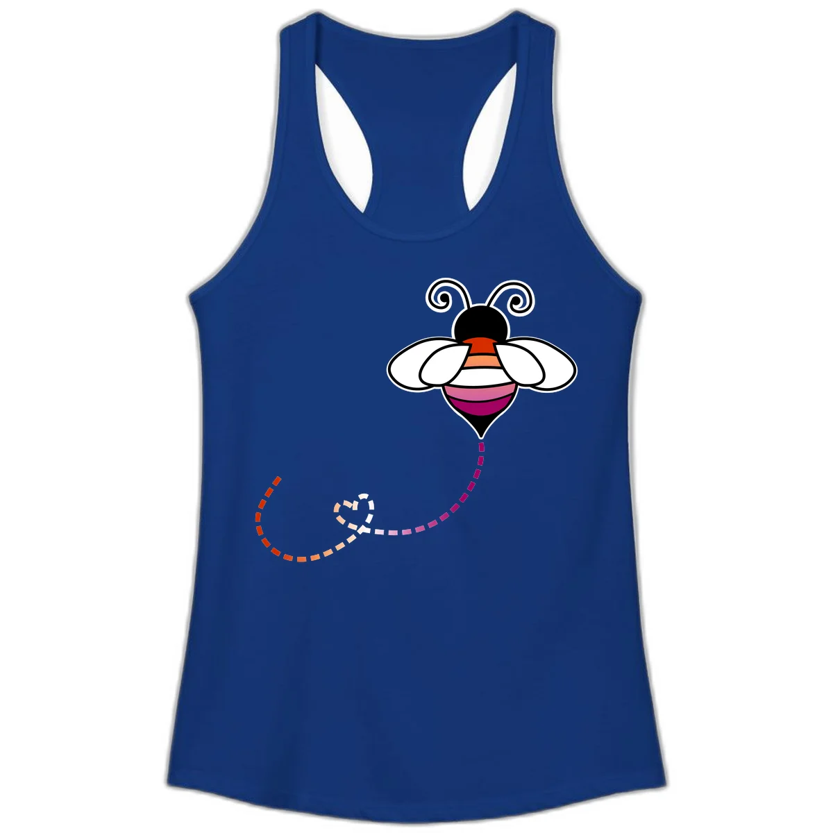 Illustrated rainbow pride bee with spiral antennae, white wings, and colorful striped body with dotted flight path in Solid Royal