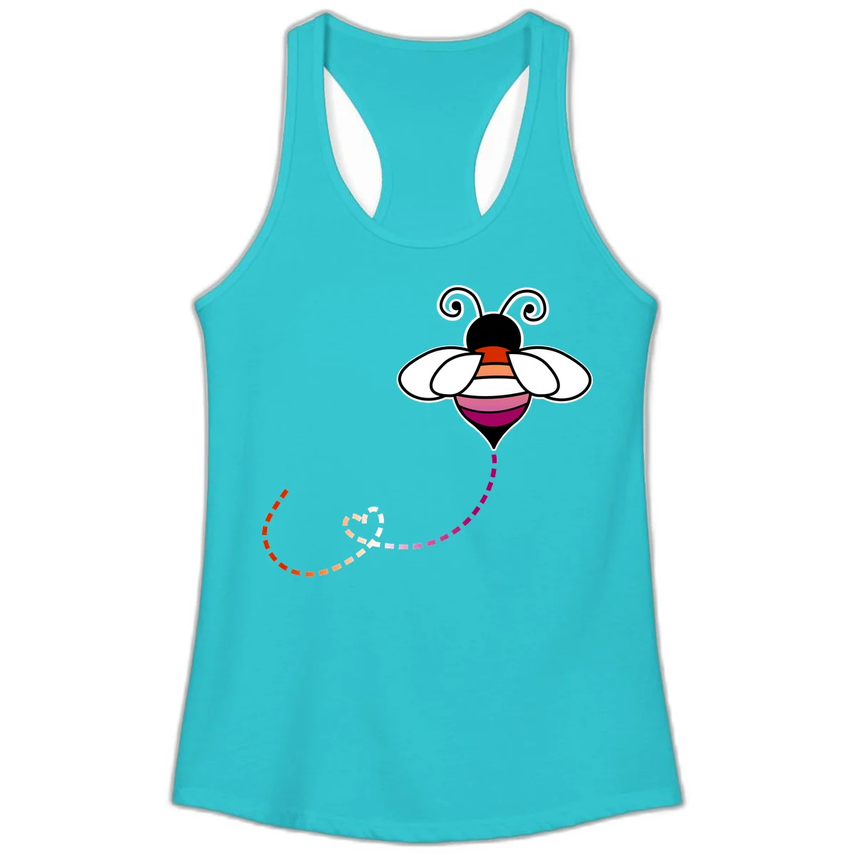 Illustrated rainbow pride bee with spiral antennae, white wings, and colorful striped body with dotted flight path in Solid Tahiti Blue