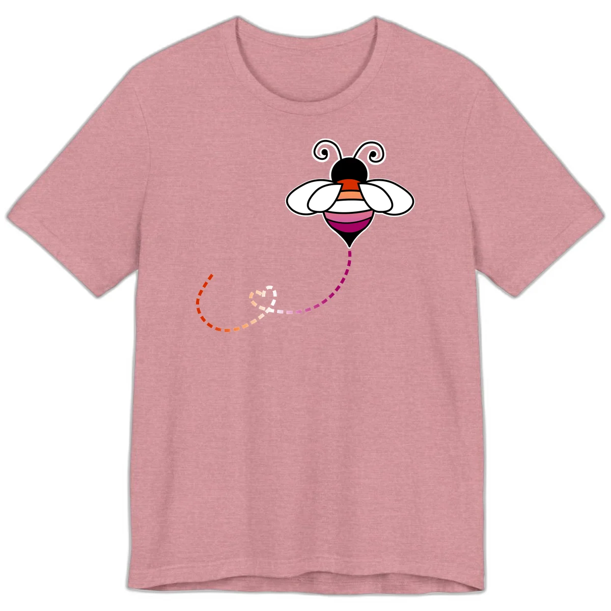 Illustrated rainbow pride bee with spiral antennae, white wings, and colorful striped body with dotted flight path in Heather Orchid