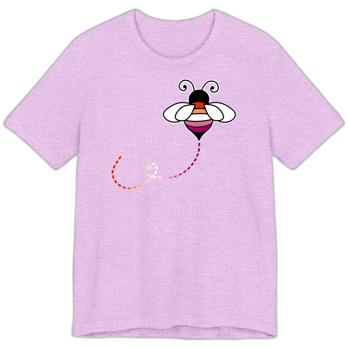 Illustrated rainbow pride bee with spiral antennae, white wings, and colorful striped body with dotted flight path in Heather Prism Lilac