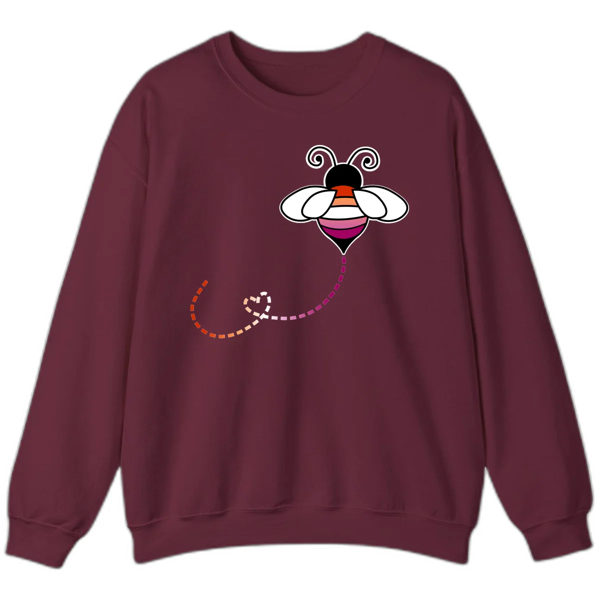 Illustrated rainbow pride bee with spiral antennae, white wings, and colorful striped body with dotted flight path in Maroon