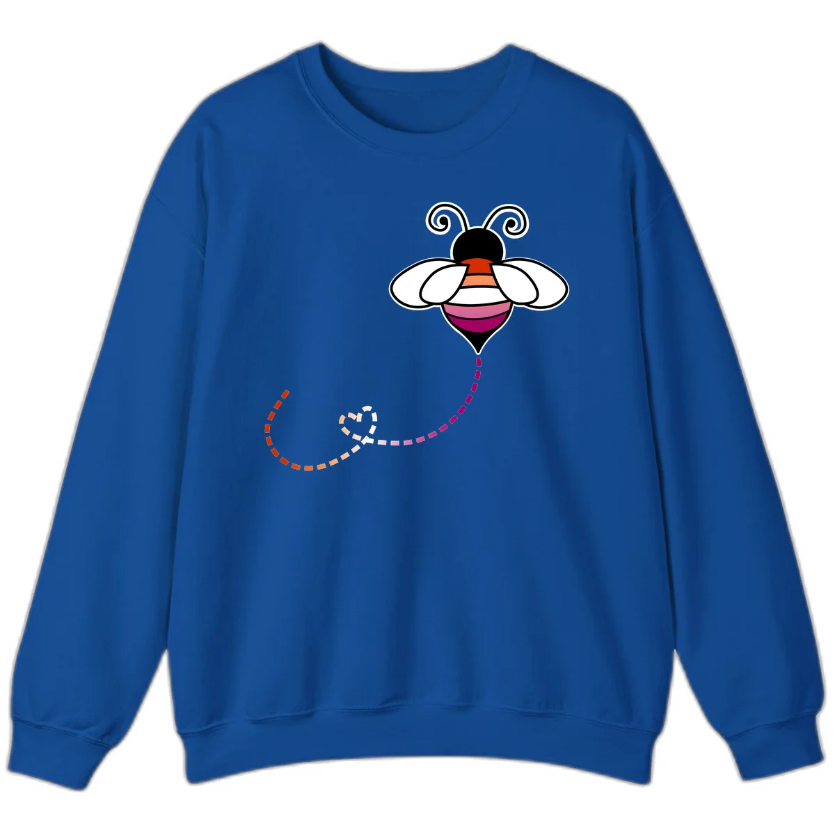 Illustrated rainbow pride bee with spiral antennae, white wings, and colorful striped body with dotted flight path in Royal