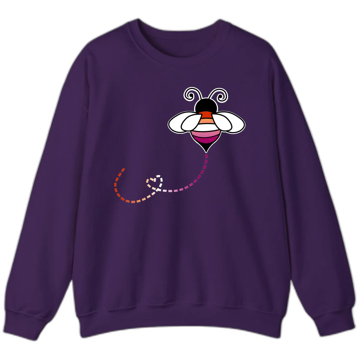 Illustrated rainbow pride bee with spiral antennae, white wings, and colorful striped body with dotted flight path in Purple