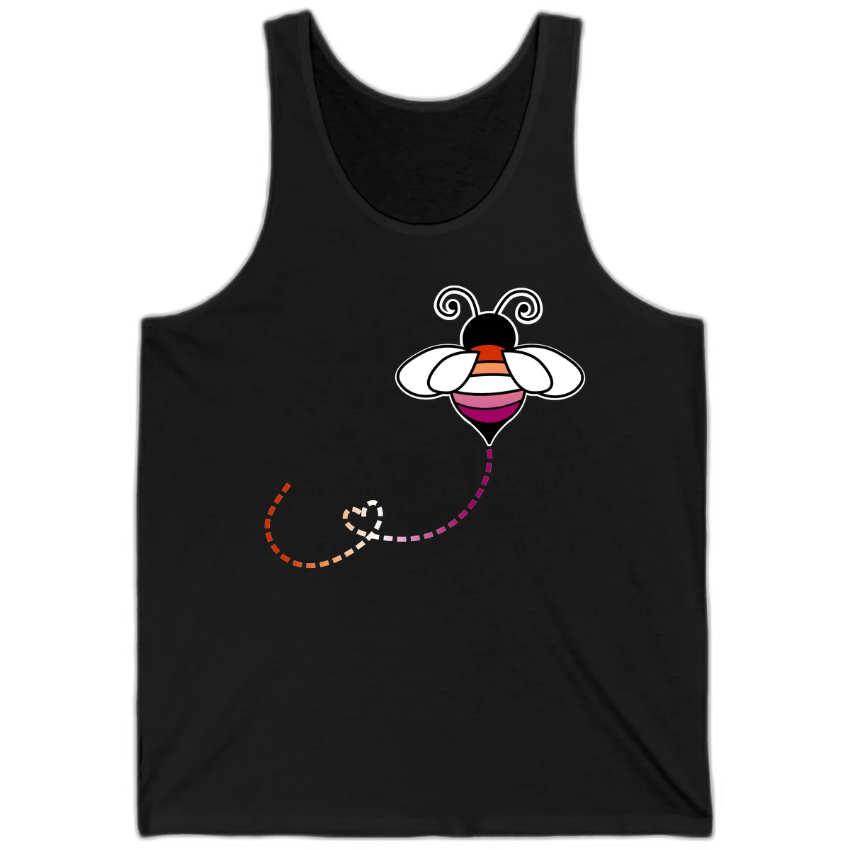 Illustrated rainbow pride bee with spiral antennae, white wings, and colorful striped body with dotted flight path in Black