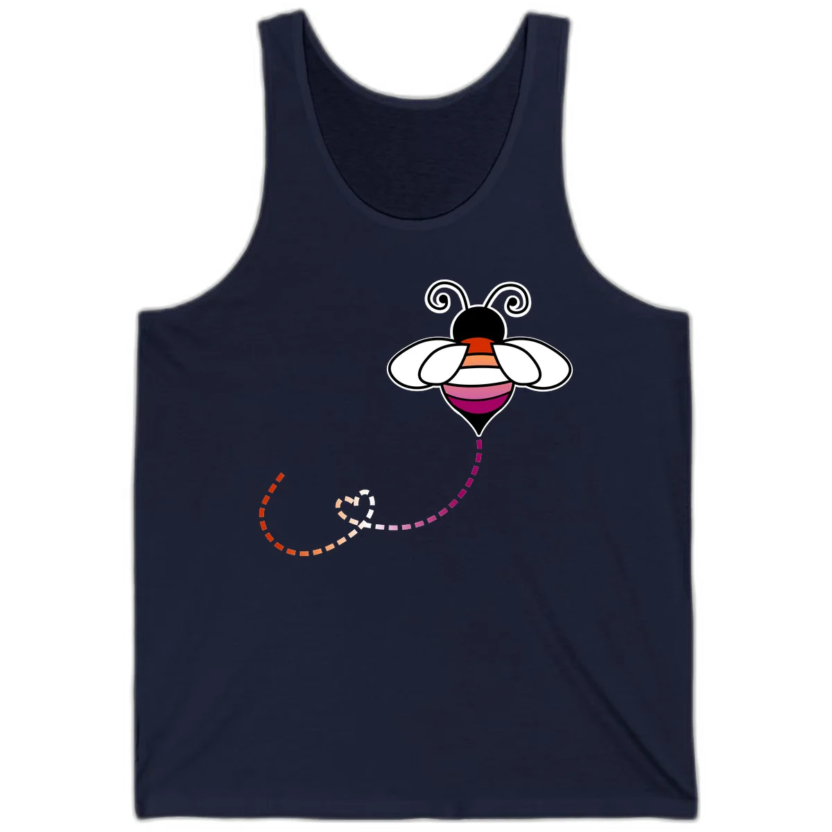 Illustrated rainbow pride bee with spiral antennae, white wings, and colorful striped body with dotted flight path in Navy