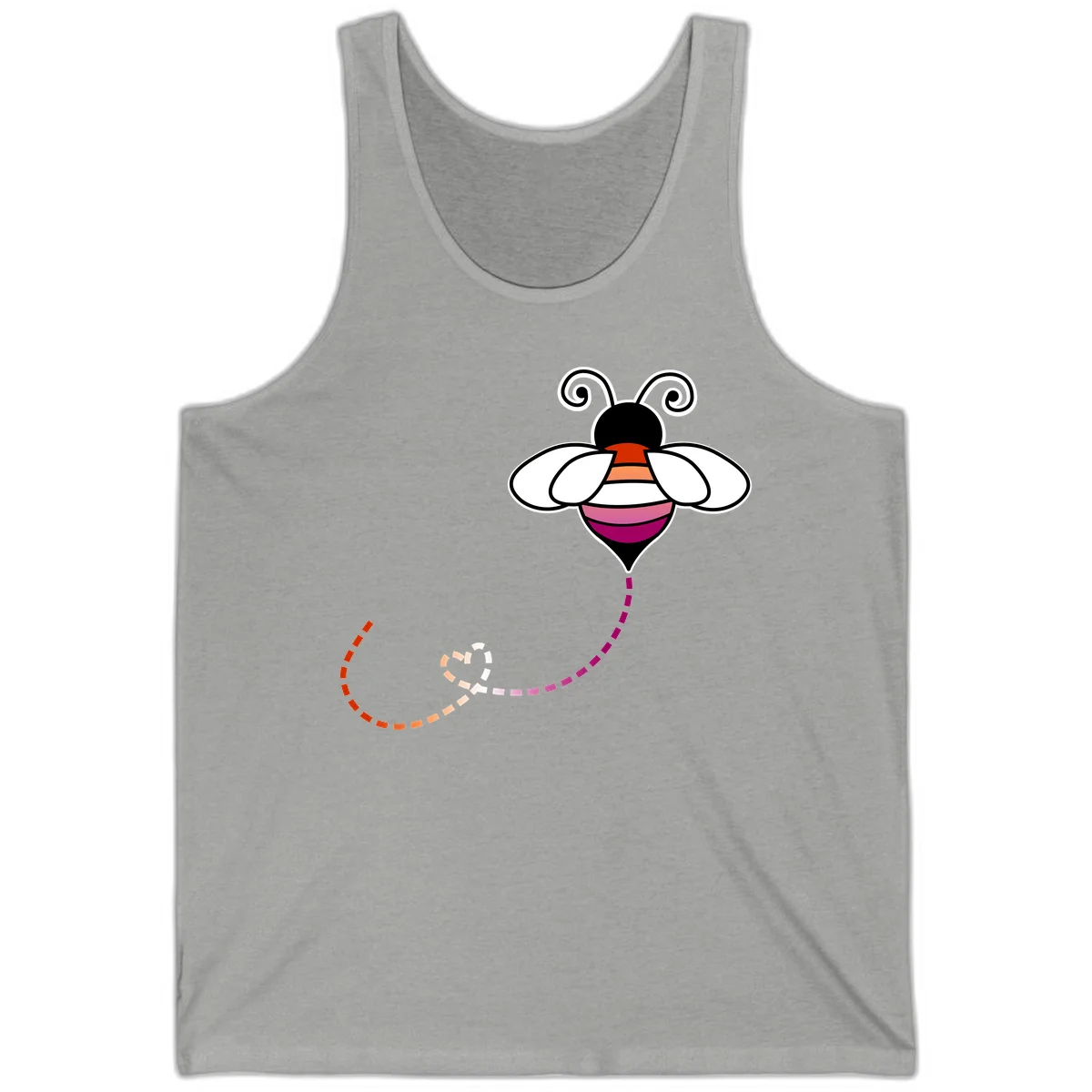 Illustrated rainbow pride bee with spiral antennae, white wings, and colorful striped body with dotted flight path in Athletic Heather