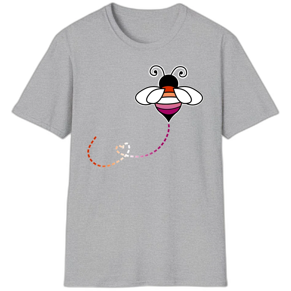 Illustrated rainbow pride bee with spiral antennae, white wings, and colorful striped body with dotted flight path in Sport Grey