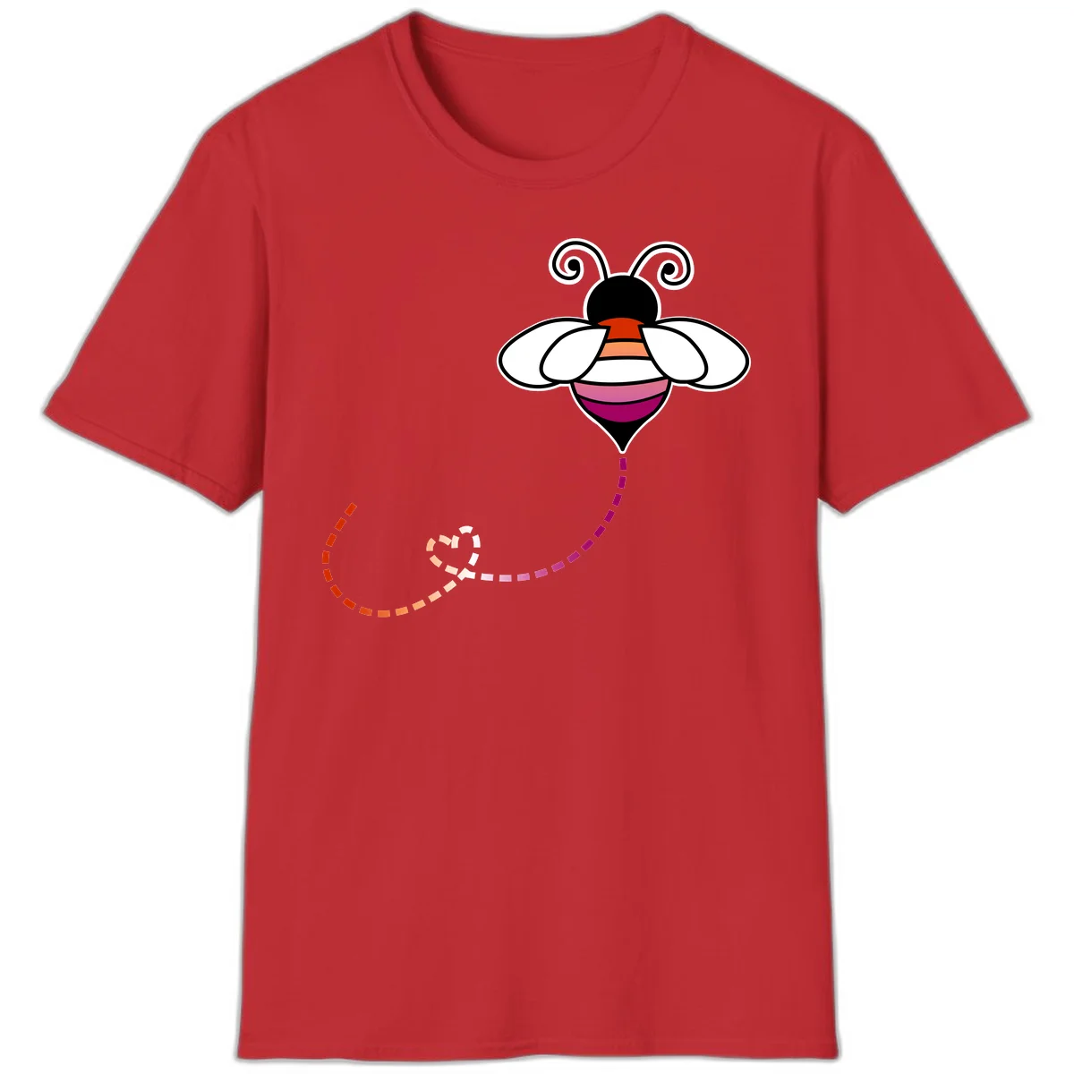 Illustrated rainbow pride bee with spiral antennae, white wings, and colorful striped body with dotted flight path in Red