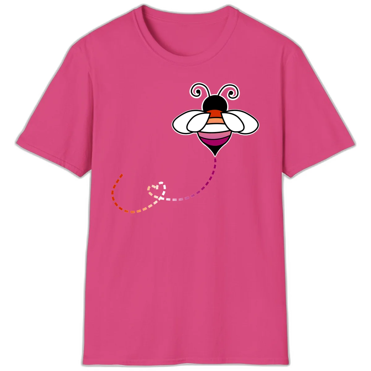 Illustrated rainbow pride bee with spiral antennae, white wings, and colorful striped body with dotted flight path in Heliconia