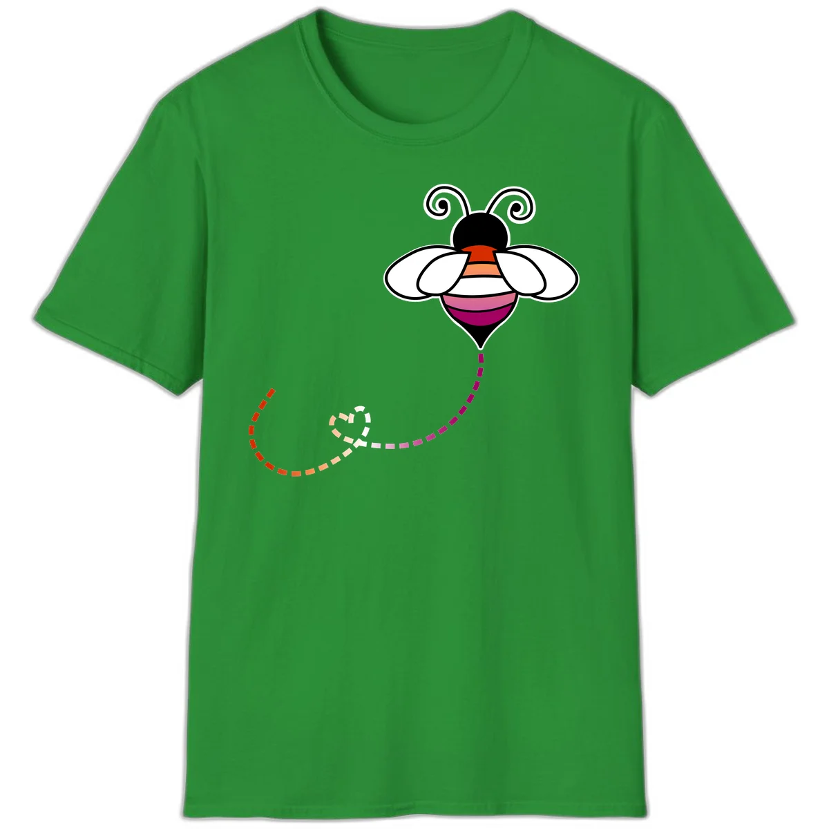 Illustrated rainbow pride bee with spiral antennae, white wings, and colorful striped body with dotted flight path in Irish Green