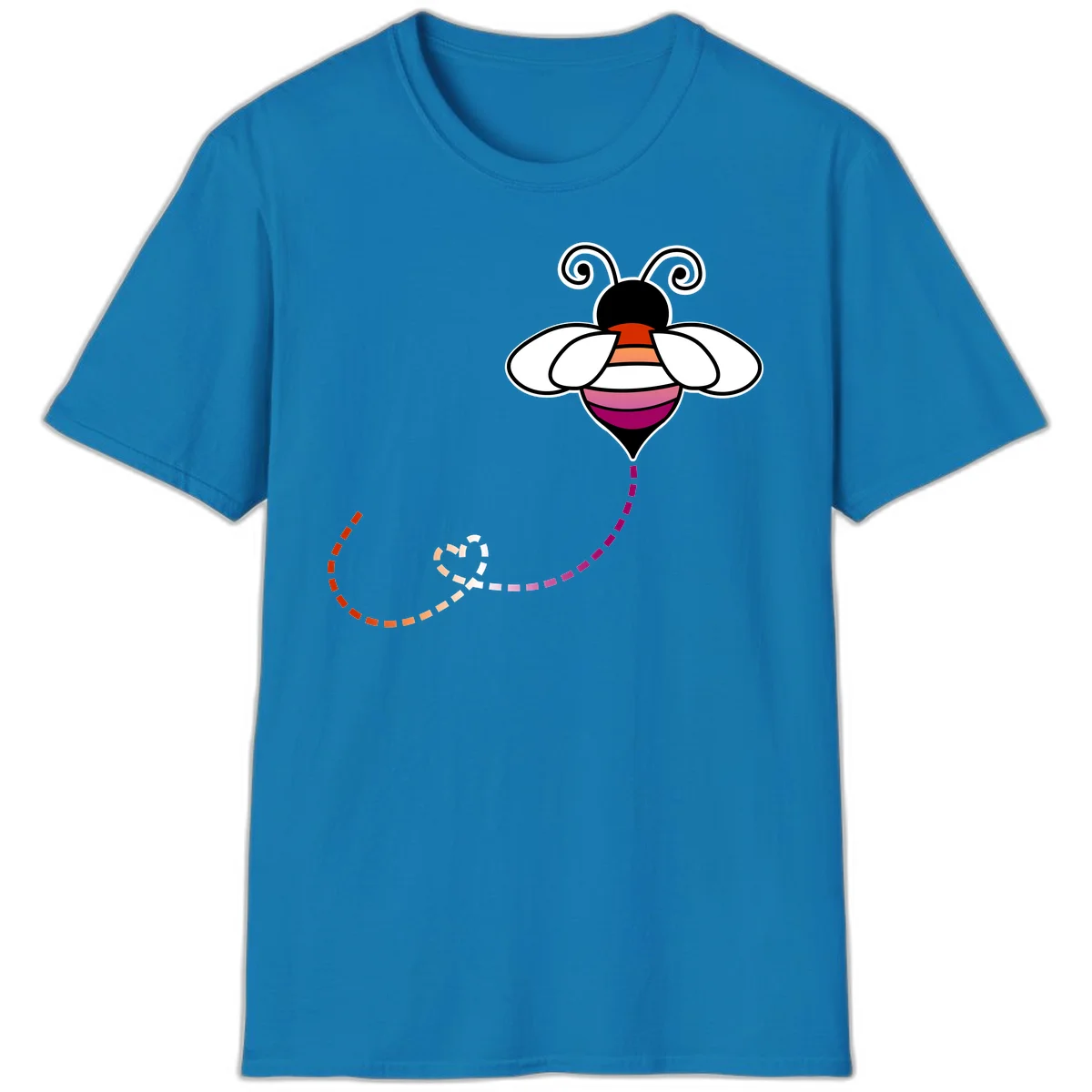Illustrated rainbow pride bee with spiral antennae, white wings, and colorful striped body with dotted flight path in Sapphire