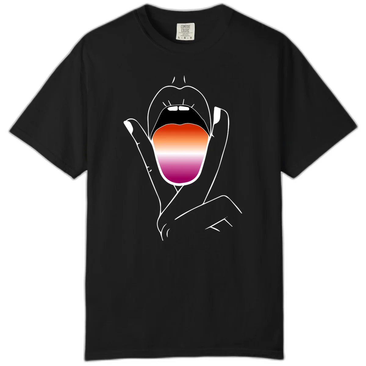Minimalist line art of an open mouth with pride flag gradient colors, framed by hands with expressive details in Black