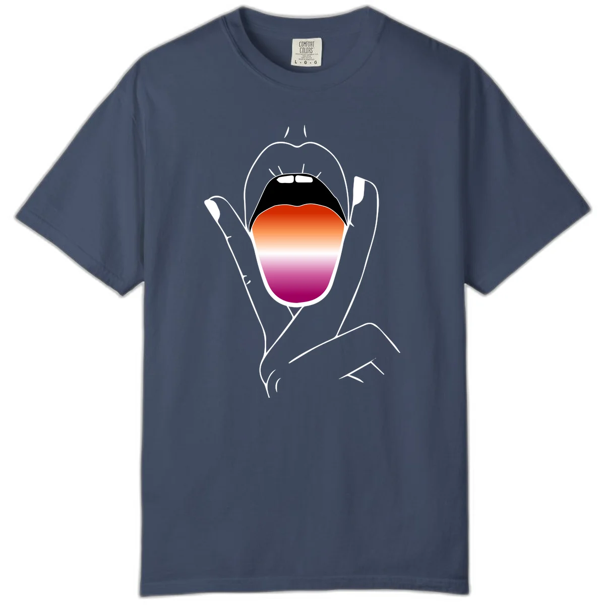 Minimalist line art of an open mouth with pride flag gradient colors, framed by hands with expressive details in Midnight