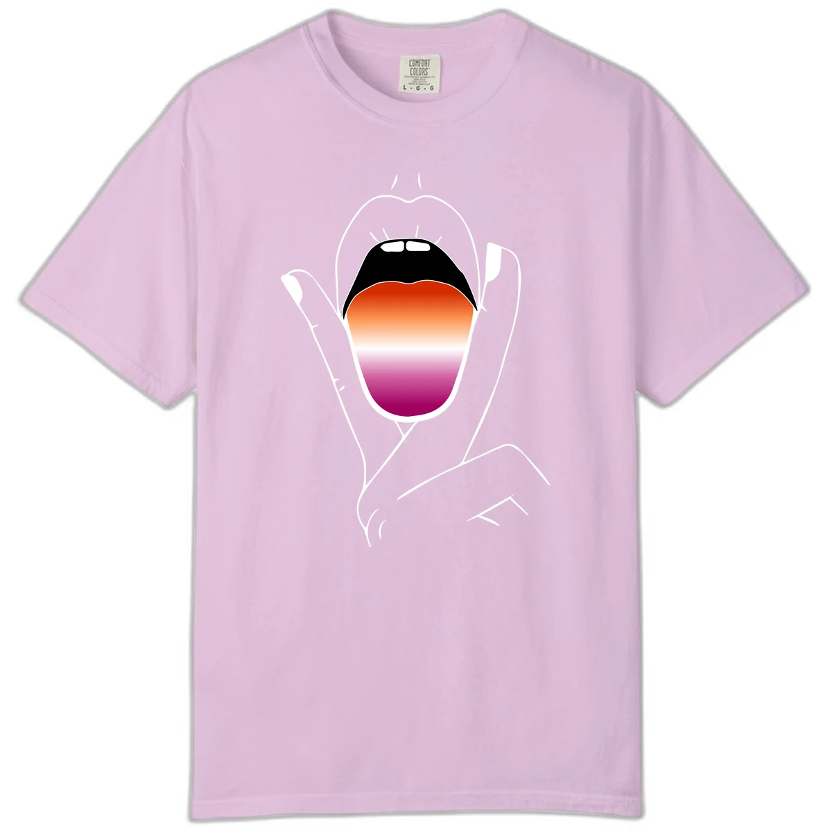 Minimalist line art of an open mouth with pride flag gradient colors, framed by hands with expressive details in Orchid