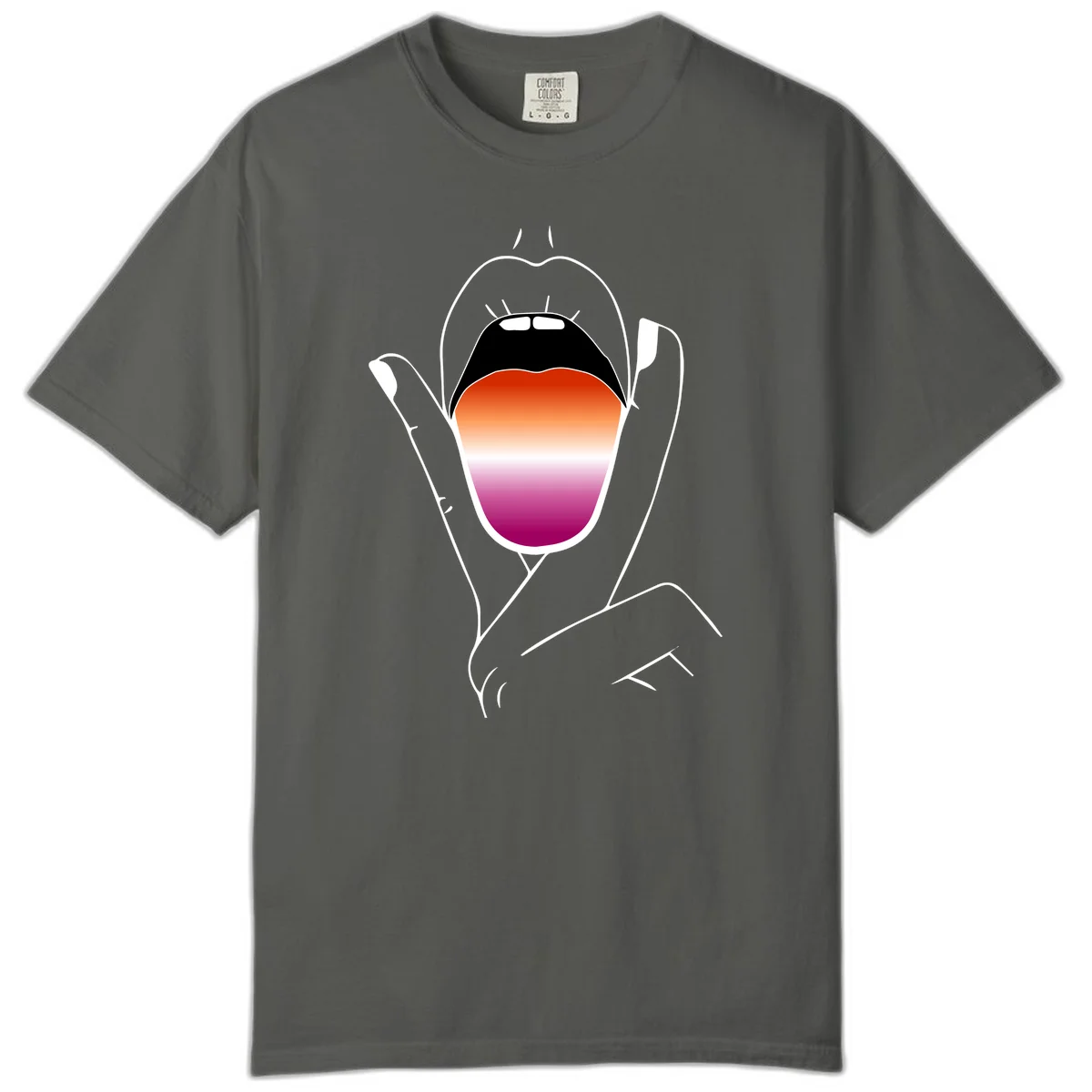 Minimalist line art of an open mouth with pride flag gradient colors, framed by hands with expressive details in Pepper