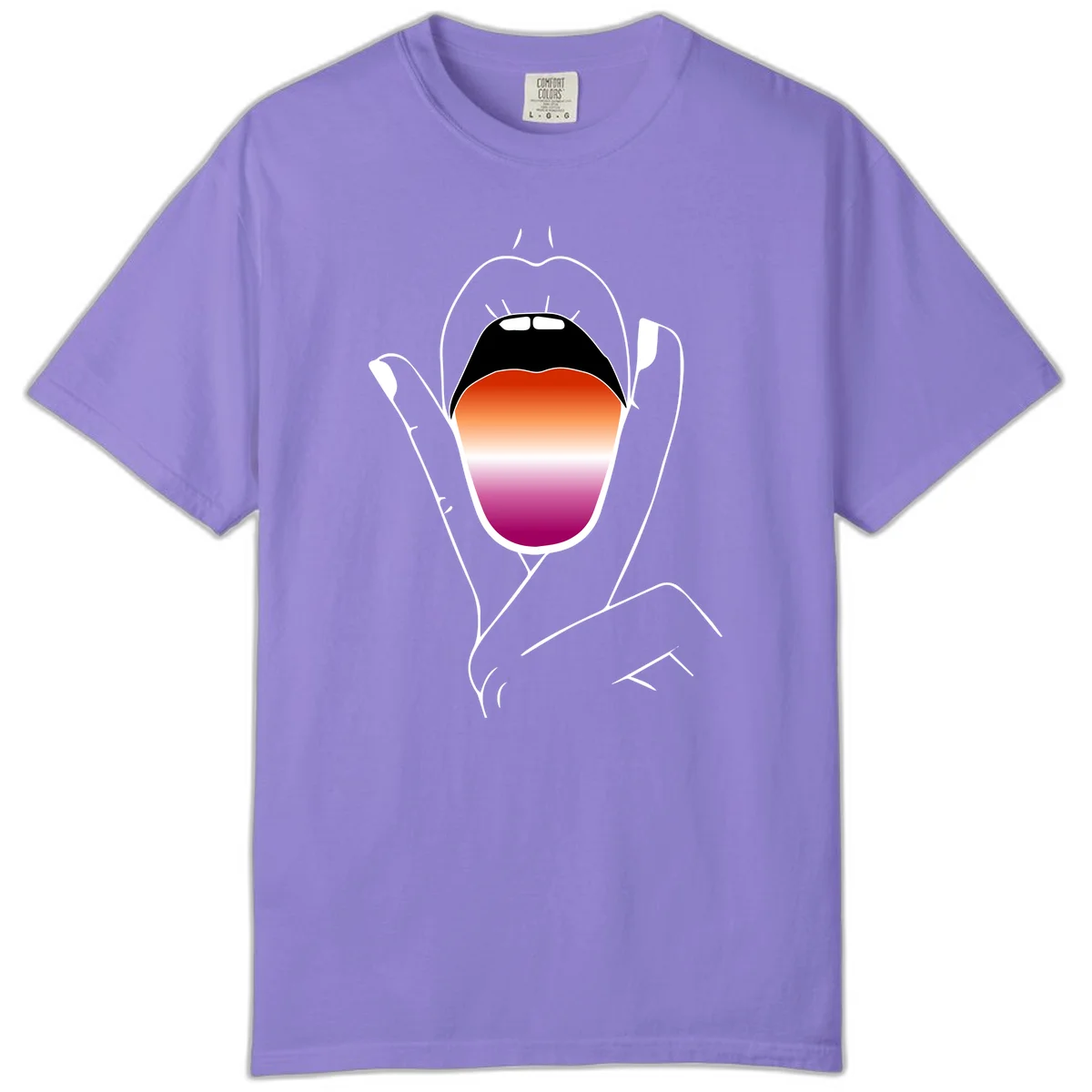 Minimalist line art of an open mouth with pride flag gradient colors, framed by hands with expressive details in Violet