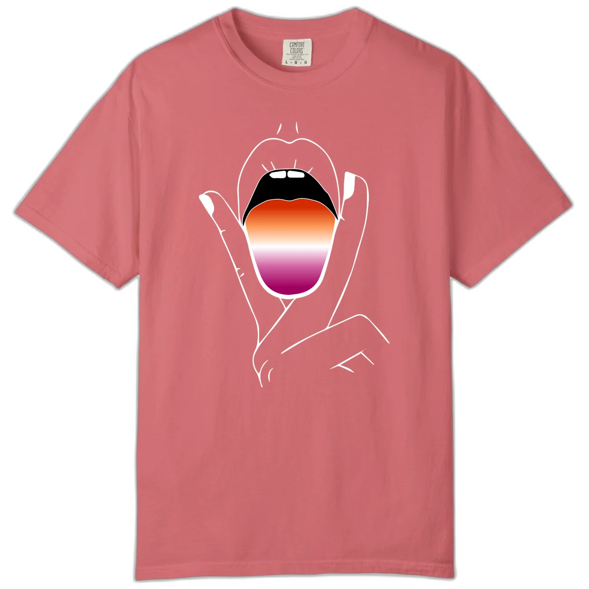 Minimalist line art of an open mouth with pride flag gradient colors, framed by hands with expressive details in Watermelon