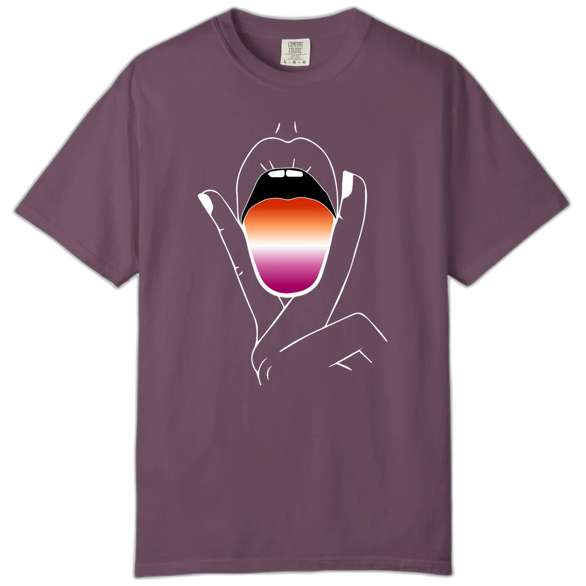 Minimalist line art of an open mouth with pride flag gradient colors, framed by hands with expressive details in Berry