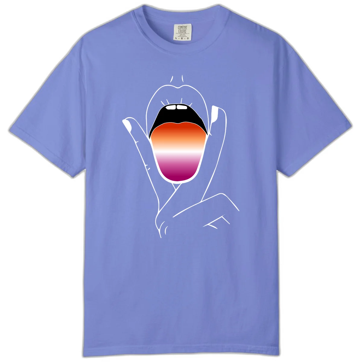 Minimalist line art of an open mouth with pride flag gradient colors, framed by hands with expressive details in Flo Blue